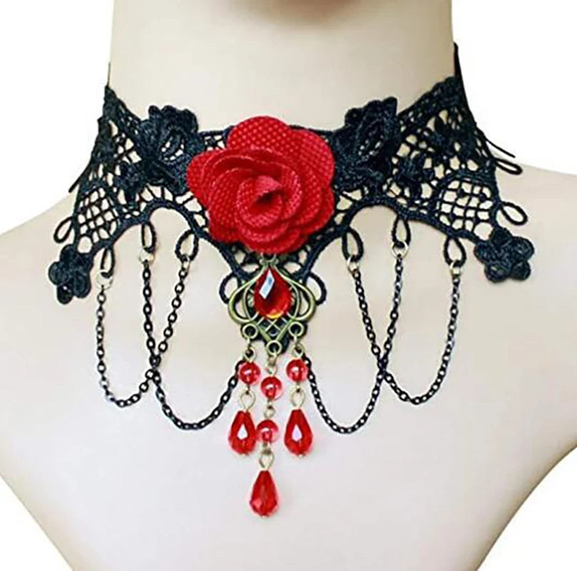 Rose Flower Red Black Stone Velvet Chokers for Women Lady Lace Bead Chains Sexy Necklace Girl Neck Jewelry Accessories Gifts 1PC