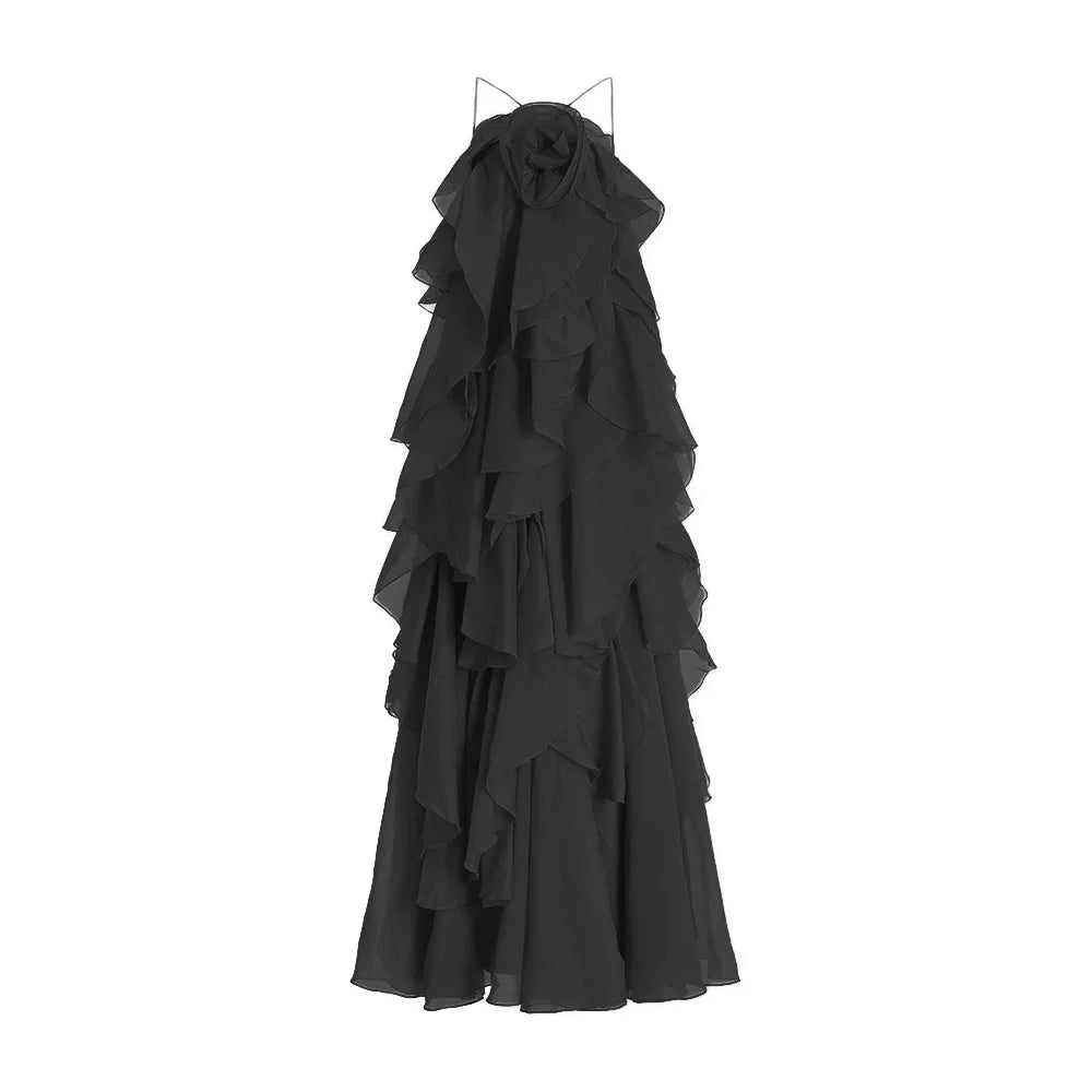 VGH Sexy Spliced Ruffles Backless Loose Dresses for Women Strapless Sleeveless Patchwork Flowers Minimalist Long Dress Female