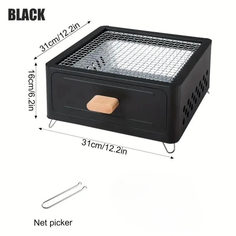 Portable multi-functional square barbecue grill for outdoor camping, drawer grill for roasting tea and meat around the stove
