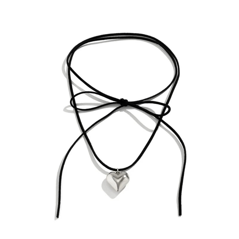 Heart Pendant Collar Necklace Long Rope Bow Tie Choker Necklace Fashion Jewelry Neck Tie Clavicle Chain Necklace