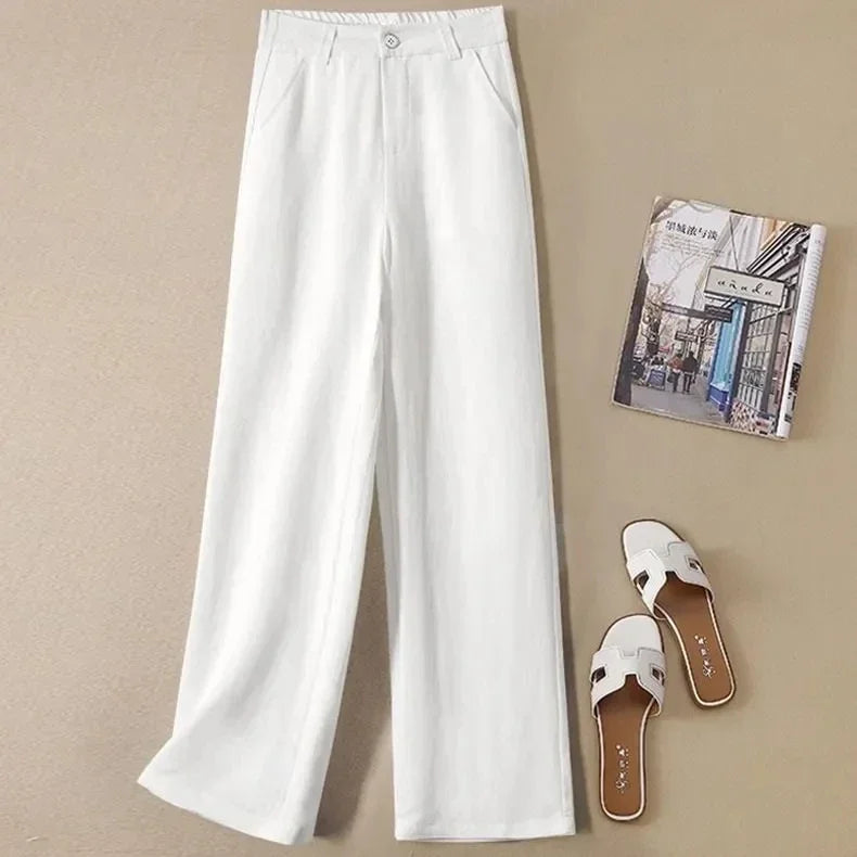 Fashion Cotton Linen Pants Women Elegant High Waist White Wide Leg Trouser Woman Casual Baggy Straight Streetwear Pants 2024