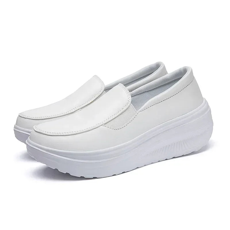 Spring Genuine Leather Soft Outsole Work Shoes Female Black Swing Shoes Woman Plus Size Wedges Single Shoes Zapatillas