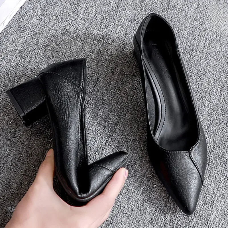 Women's Air Stewardess High Heels Thick Heel Versatile Sexy Single Shoes Professional Work Shoes Black Small Leather