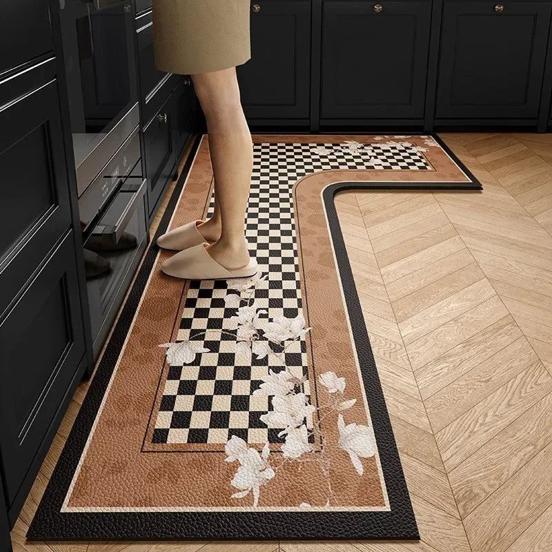 Kitchen Carpet L-shape Rug Brown Retro Waterproof Dirt-resistant Floor Mat Light Luxury Floral Anti-Slip Foot Mats Ковер Tapis