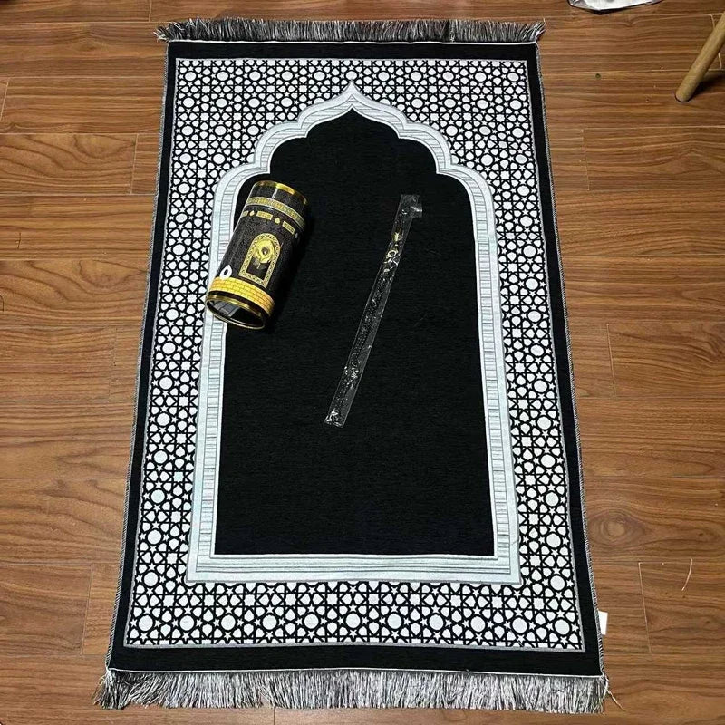 Muslim Prayer Mat with Rosary Beads and Gift Tube the Spire Pattern Islamic Rug Ramadan Decorative Floor Carpet Travel Gifts