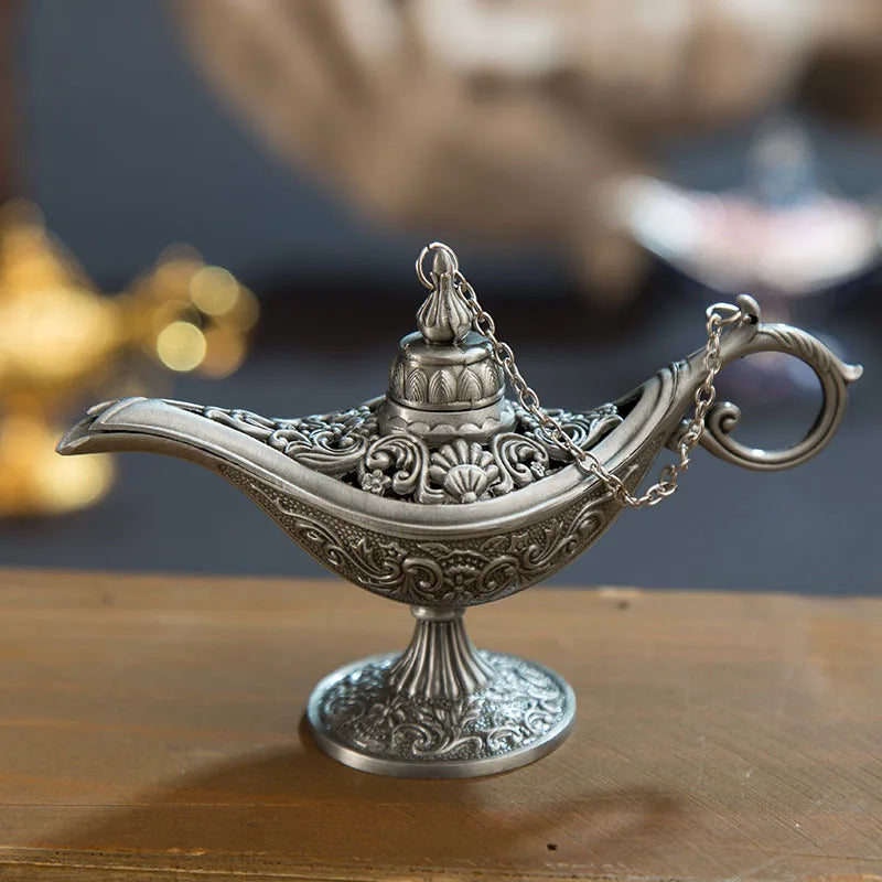 12cm(4.7")Classic Rare Hollow Legend Aladdin Magic Genie Lamps Incense Burners Retro Wishing Oil Lamp Home Decor Gift