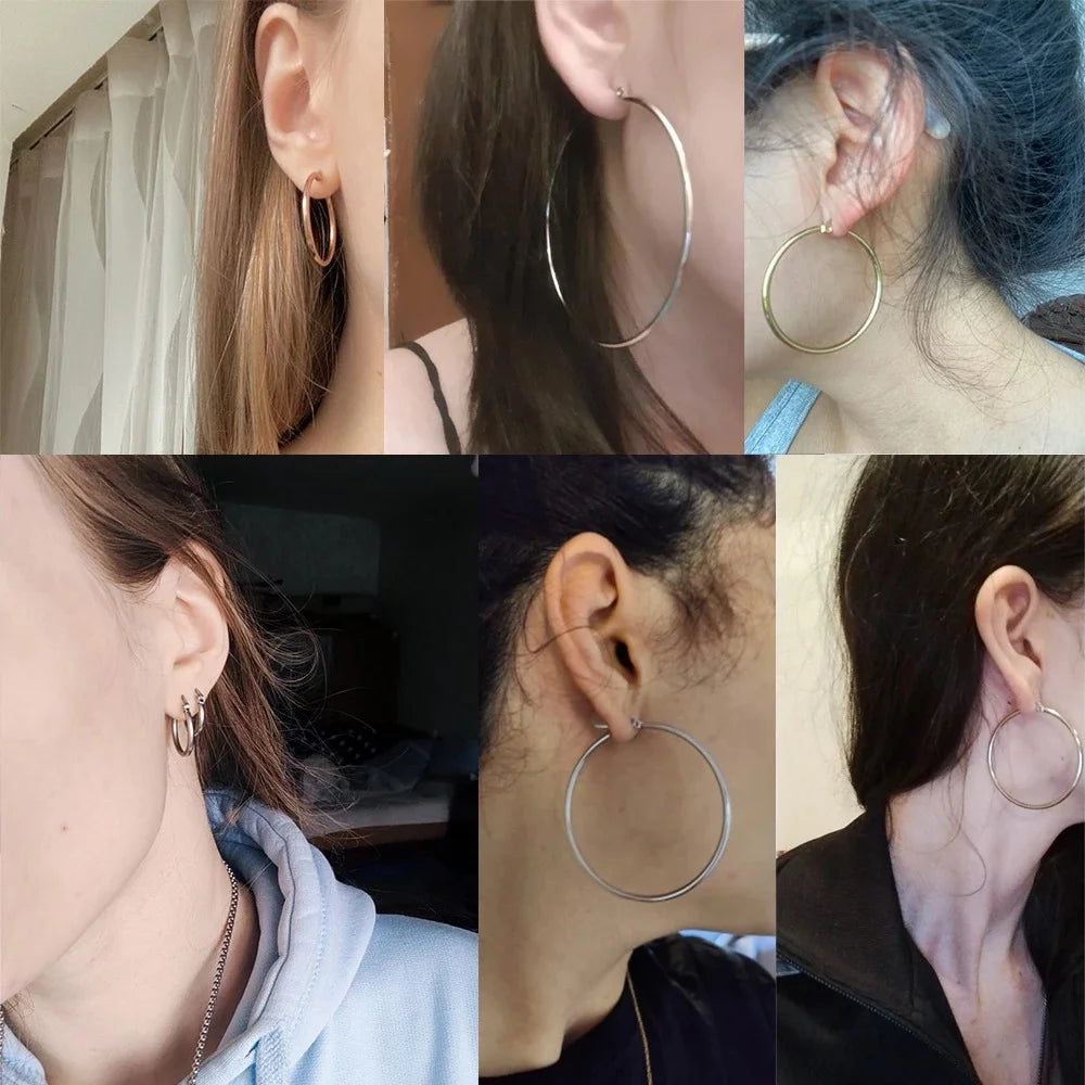 LUXUKISSKIDS 1pairs Minimalist Hoop Earrings Set for Woman/Men Big Circle Earrings Jewelry Ear Clip Punk Style Titanium Piercing