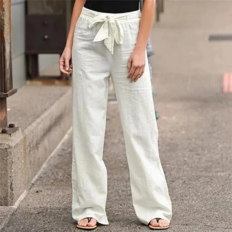 Cotton Linen Wide Leg Soft Pants Women Spring Summer Pleated Casual Straight Pants High Waist Breathable Long Pants With Pockets