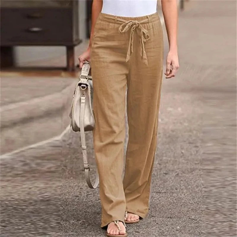 Cotton Linen Wide Leg Soft Pants Women Spring Summer Pleated Casual Straight Pants High Waist Breathable Long Pants With Pockets