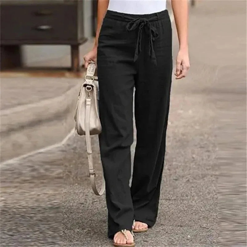 Cotton Linen Wide Leg Soft Pants Women Spring Summer Pleated Casual Straight Pants High Waist Breathable Long Pants With Pockets