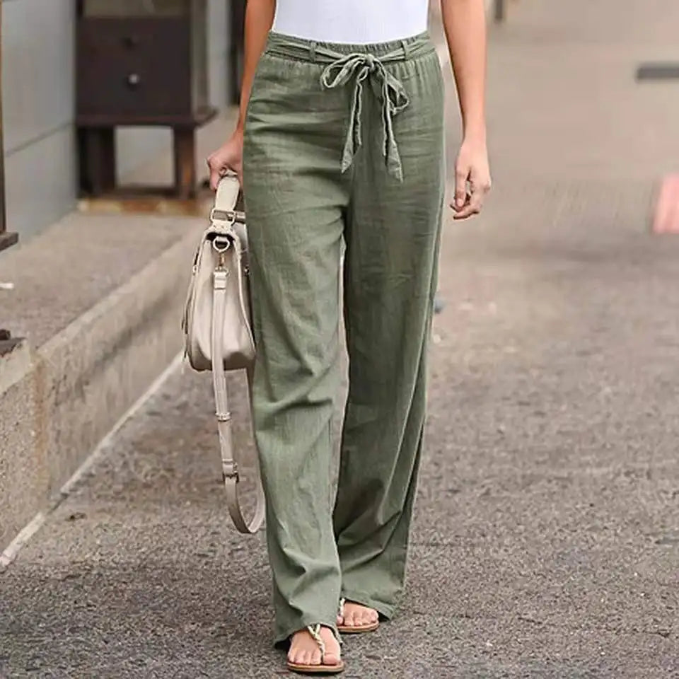 Cotton Linen Wide Leg Soft Pants Women Spring Summer Pleated Casual Straight Pants High Waist Breathable Long Pants With Pockets