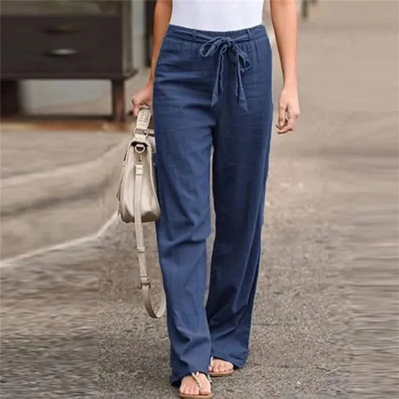 Cotton Linen Wide Leg Soft Pants Women Spring Summer Pleated Casual Straight Pants High Waist Breathable Long Pants With Pockets