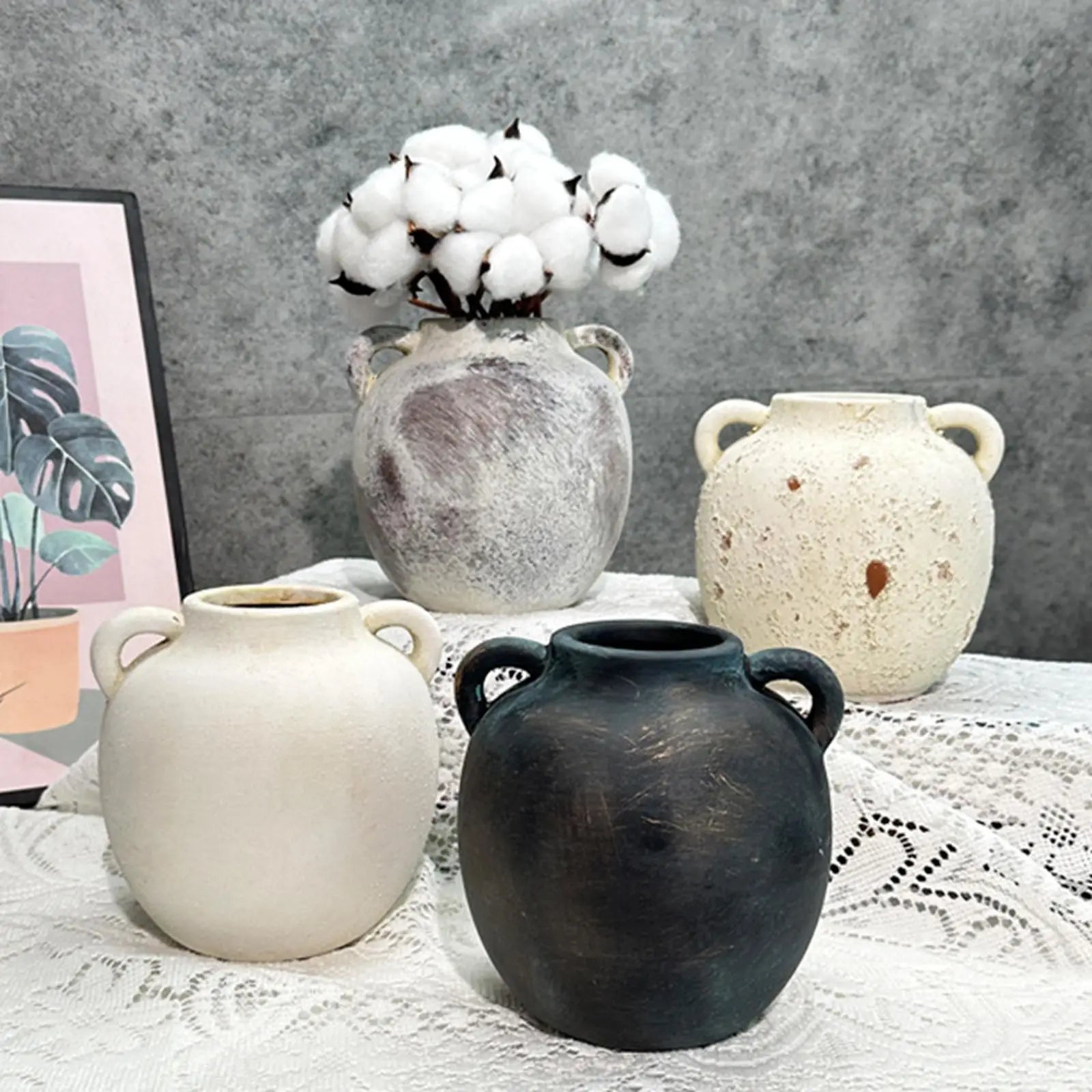 Ceramic Vase Retro Wabi Sabi Pottery Handmade Distressed Flower Vase Plant Container for Entryway Dining Room Bookshelf Rustic