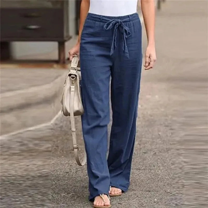 Cotton Linen Wide Leg Soft Pants Women Spring Summer Pleated Casual Straight Pants High Waist Breathable Long Pants With Pockets
