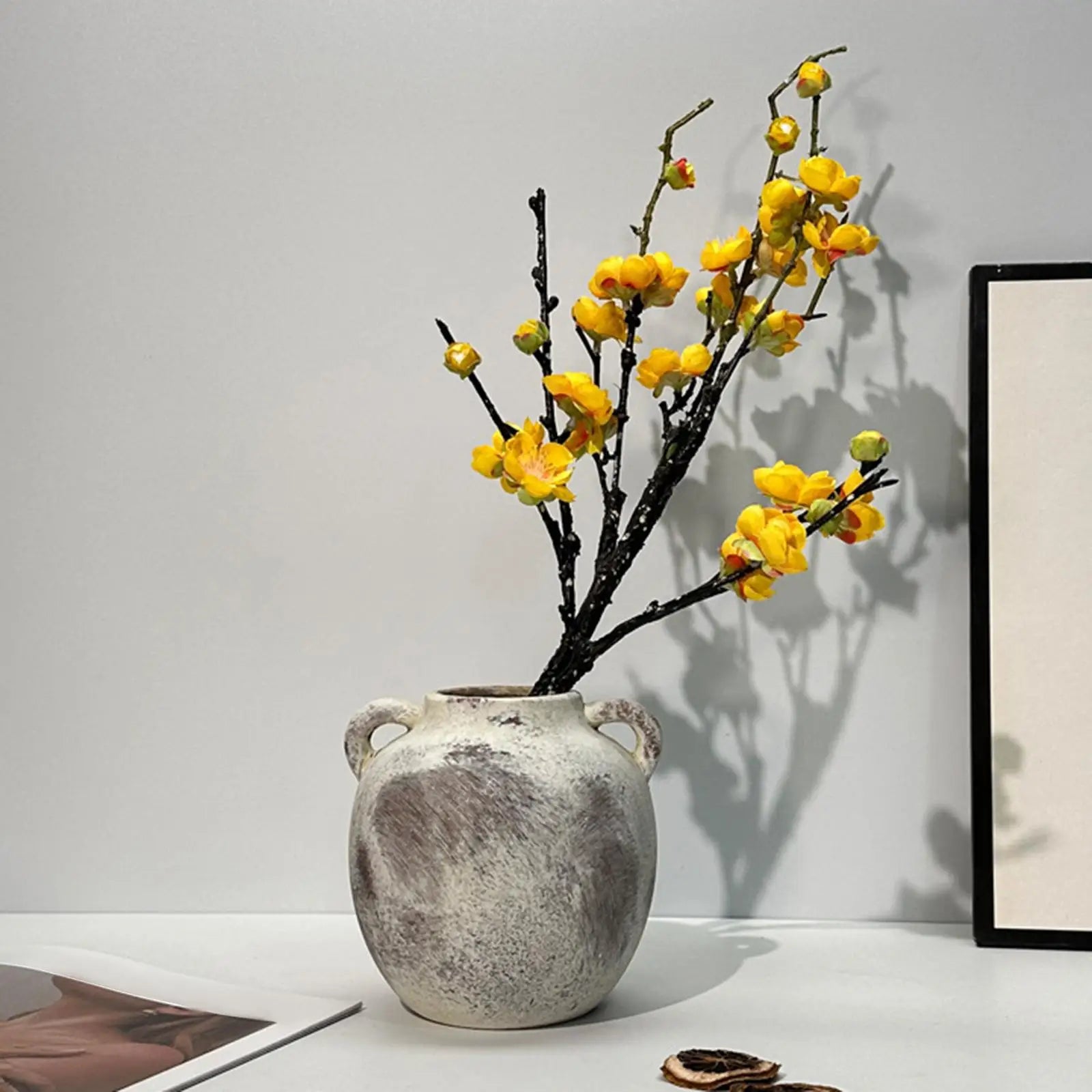 Ceramic Vase Retro Wabi Sabi Pottery Handmade Distressed Flower Vase Plant Container for Entryway Dining Room Bookshelf Rustic