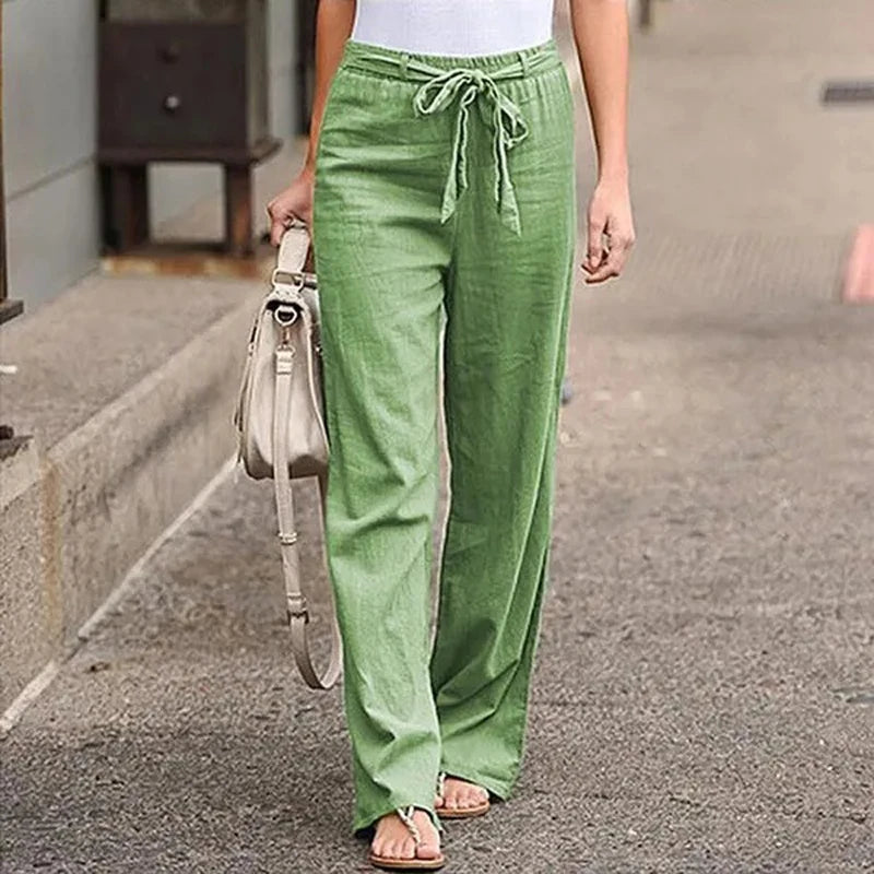 Cotton Linen Wide Leg Soft Pants Women Spring Summer Pleated Casual Straight Pants High Waist Breathable Long Pants With Pockets