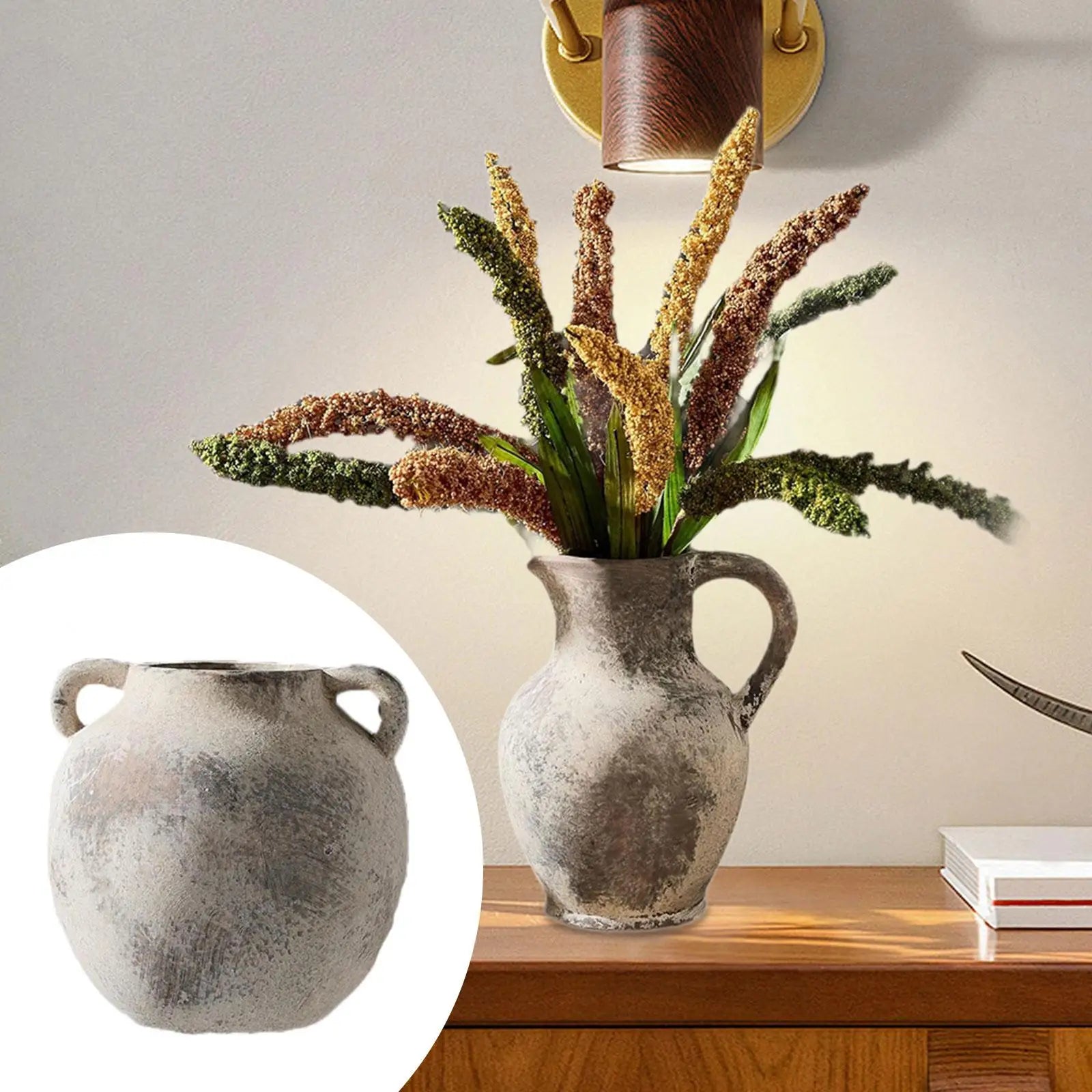 Ceramic Vase Retro Wabi Sabi Pottery Handmade Distressed Flower Vase Plant Container for Entryway Dining Room Bookshelf Rustic