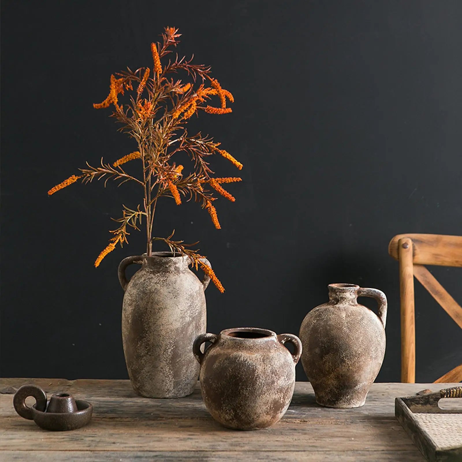 Ceramic Vase Retro Wabi Sabi Pottery Handmade Distressed Flower Vase Plant Container for Entryway Dining Room Bookshelf Rustic