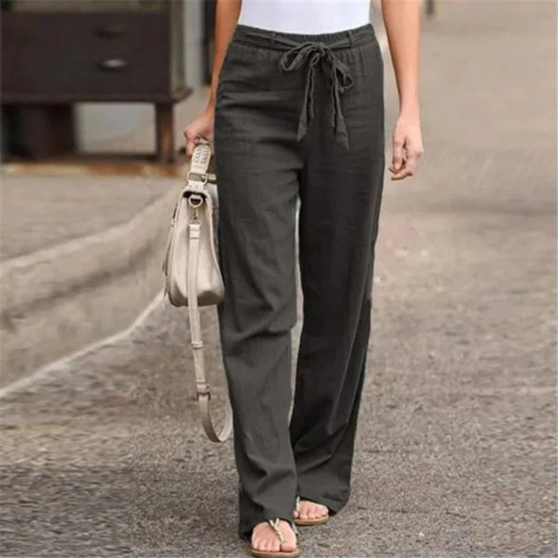 Cotton Linen Wide Leg Soft Pants Women Spring Summer Pleated Casual Straight Pants High Waist Breathable Long Pants With Pockets