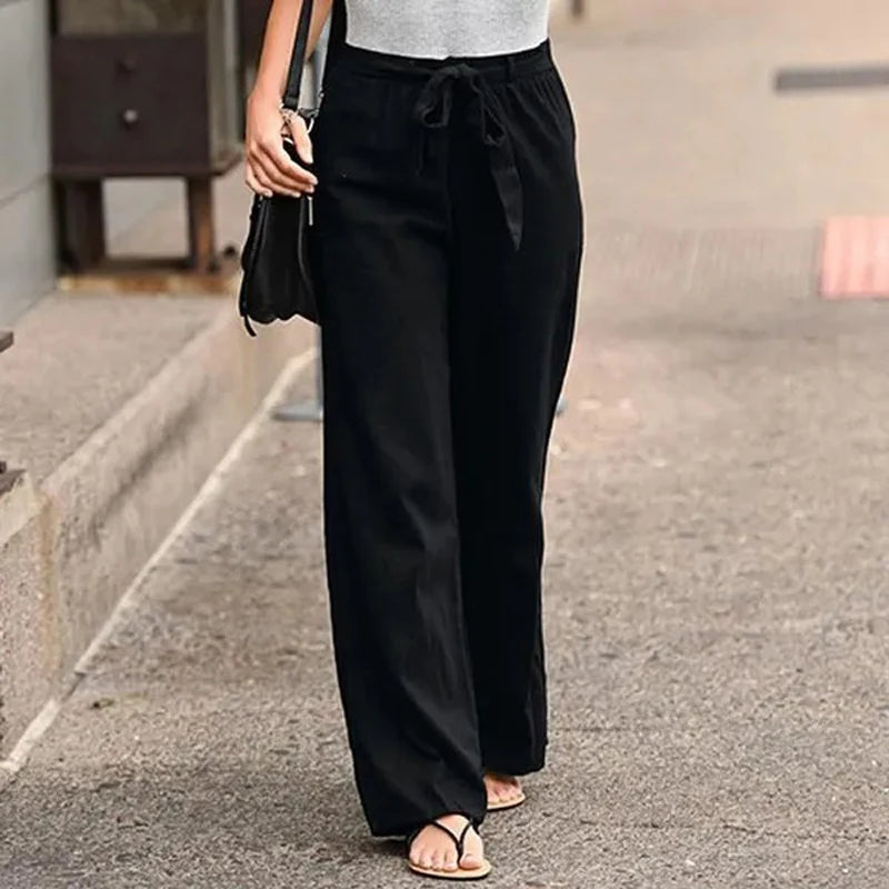 Cotton Linen Wide Leg Soft Pants Women Spring Summer Pleated Casual Straight Pants High Waist Breathable Long Pants With Pockets