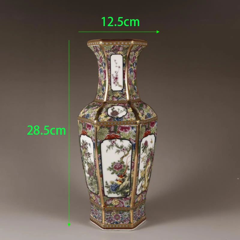 Chinese Ancient Enamel Color Flower Bird Ceramic Vase Collection Decoration Art Home Desk Retro Ornament Antique Porcelain Items