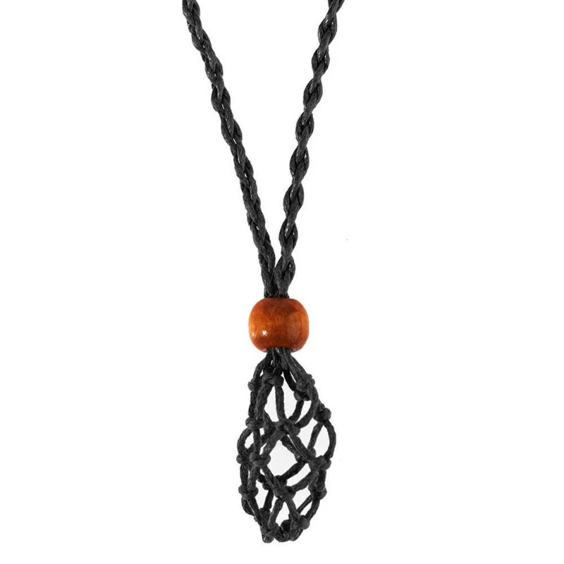 Retro Woven Natural Stone Pendant Necklace Net Pocket Hollow Handmade Jewelry Men and Women the Same Style Without Gems