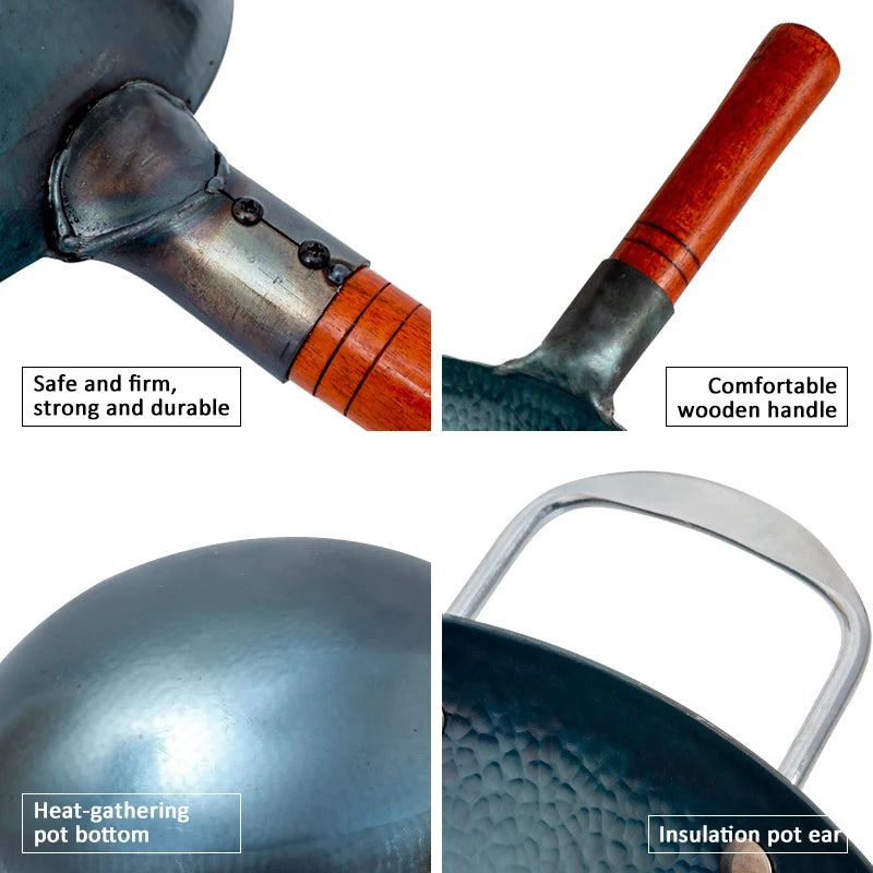 Hammered Cast Iron Wok,Carbon Steel Round Bottom Wok ,Blue Kitchen Cookware,Beech Handle Uncoated Non-stick Pan for Gas Stoves