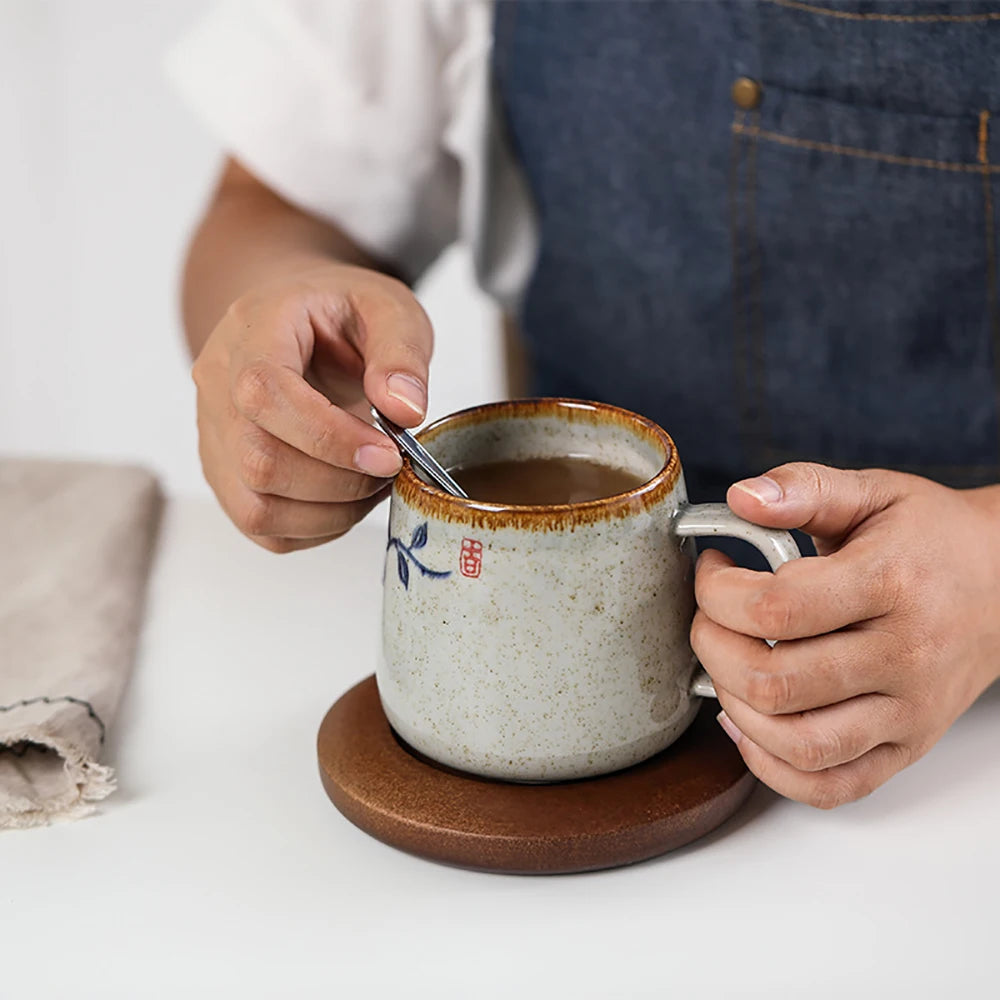 Kiln Change Clay Coffee Mug with Lid and Spoon, Unique Retro Style Ceramic Cups, Creative Gift for Friends, 380ml