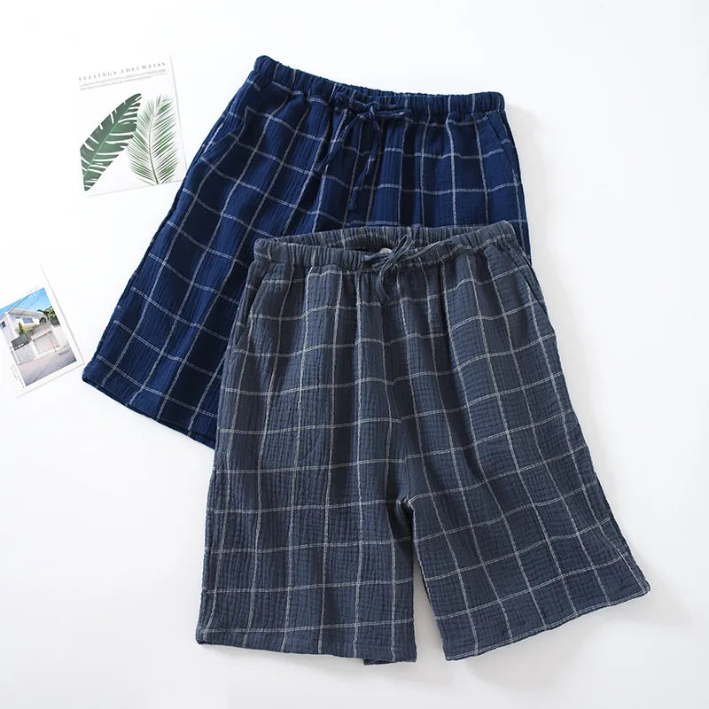 2025 New Summer Men's 100%Cotton Crepe Cloth Shorts Thin Breathable Large Size Simple Lattice Home Pants Pajama Pants Sleep Wear