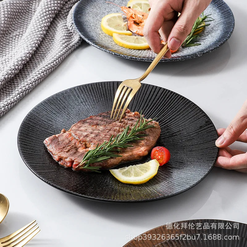Japanese ceramic striped plate creative steak plate spaghetti plate retro sushi plate restaurant commercial plate