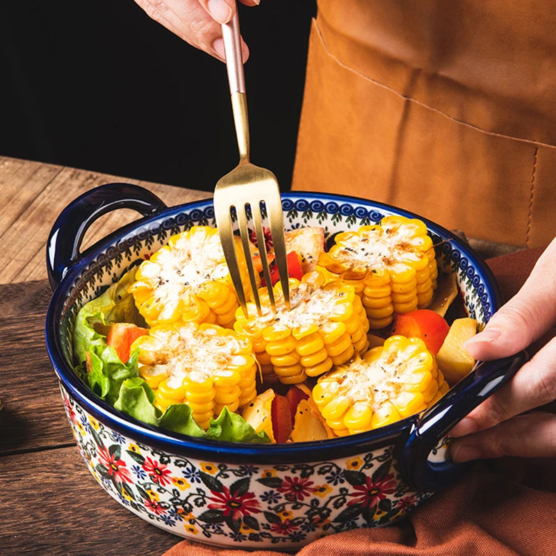 New Ceramic Bowls Polish Style Bakeware Baking Binaural Bowl With Handle  Tableware Salad Dessert Steak Pasta Plate