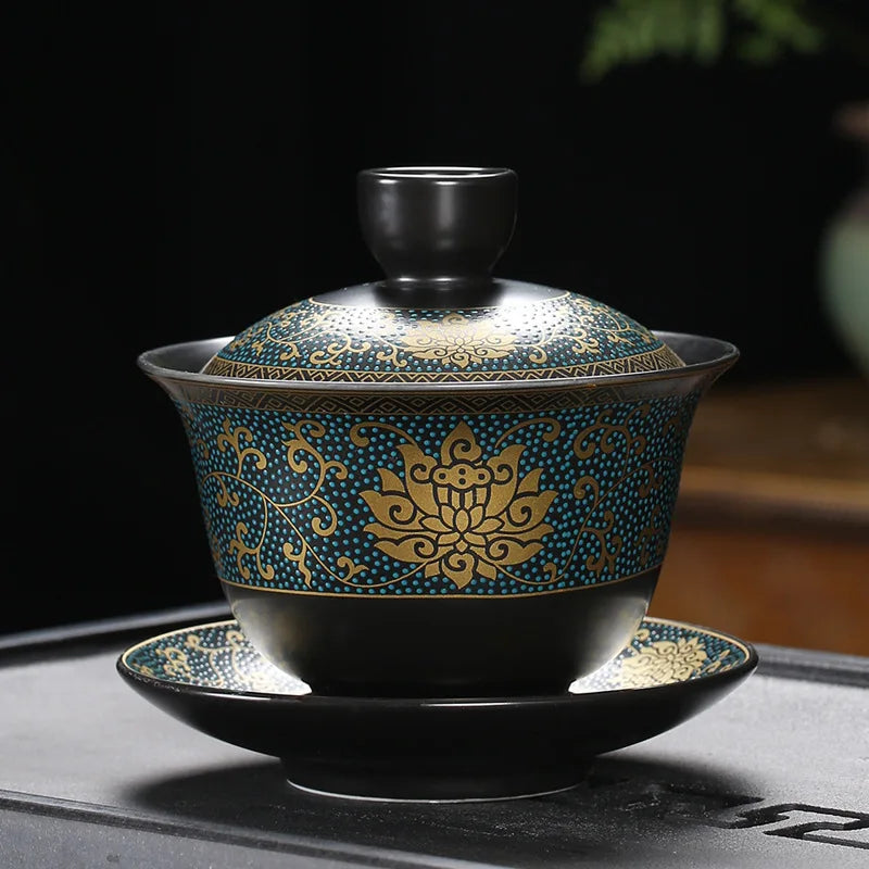 Chinese Teaset Classical Gaiwan Tea Cups Black Clay Tureen 180ml Lid Bowl Saucer Traditional Handmade Tea Brew Tea Cup