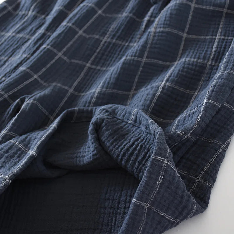 2025 New Summer Men's 100%Cotton Crepe Cloth Shorts Thin Breathable Large Size Simple Lattice Home Pants Pajama Pants Sleep Wear