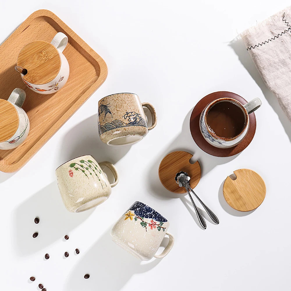 Kiln Change Clay Coffee Mug with Lid and Spoon, Unique Retro Style Ceramic Cups, Creative Gift for Friends, 380ml