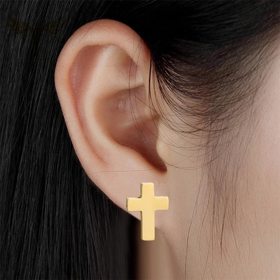 Classic Simple Cross Earrings Stainless Steel Jewelry Accessories Wholesale Christian Jesus Stud Earrings for Unisex Women Mens