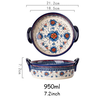 New Ceramic Bowls Polish Style Bakeware Baking Binaural Bowl With Handle  Tableware Salad Dessert Steak Pasta Plate