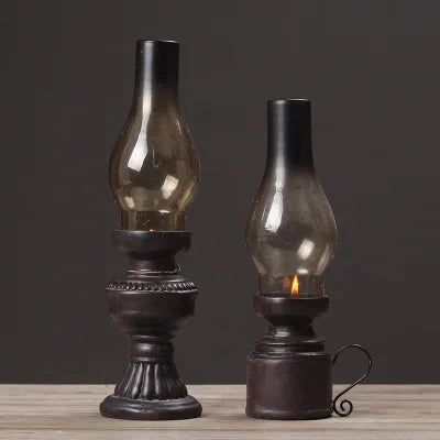 Creative Resin Crafts Nostalgic Kerosene Lamp Candle Holder Decoration Vintage Glass Cover Lantern Candlesticks Home Decor Gifts