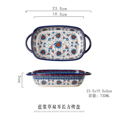 New Ceramic Bowls Polish Style Bakeware Baking Binaural Bowl With Handle  Tableware Salad Dessert Steak Pasta Plate
