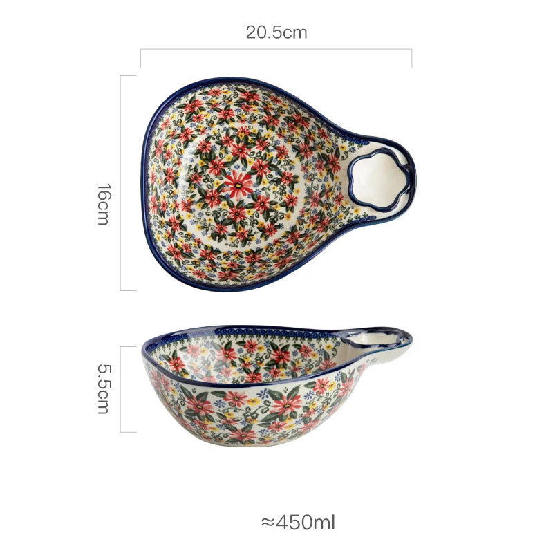 New Ceramic Bowls Polish Style Bakeware Baking Binaural Bowl With Handle  Tableware Salad Dessert Steak Pasta Plate