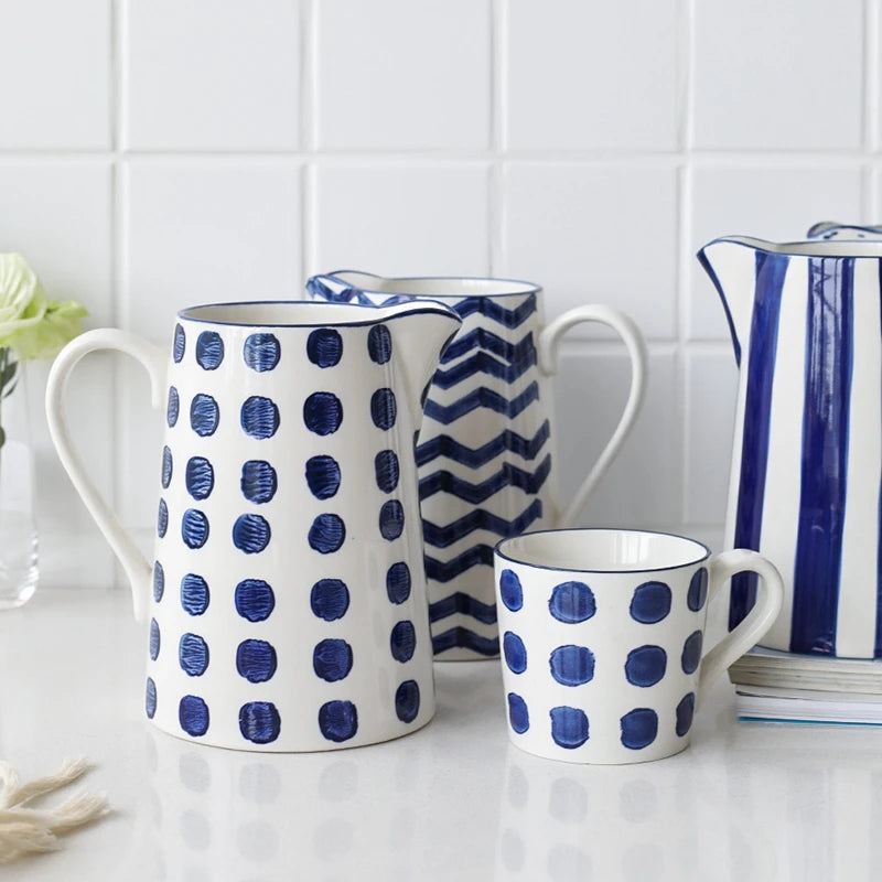 1.5L Blue Ceramic Water Jug Milk Tea Juice Bottle Household Kitchen Water Pot Kettle Mug Microwave Supply Water Jar