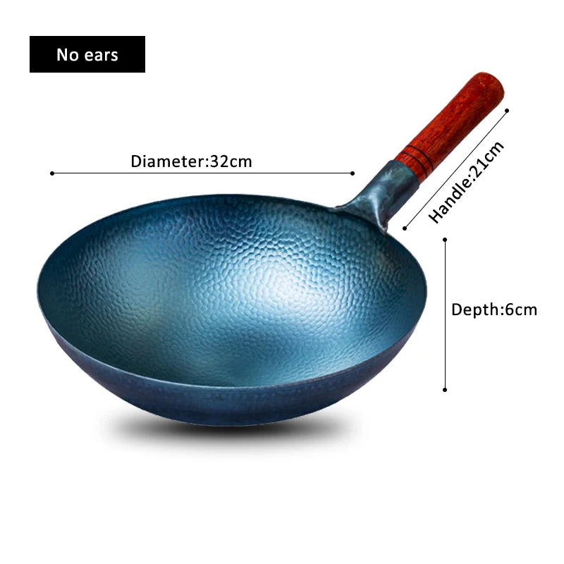 Hammered Cast Iron Wok,Carbon Steel Round Bottom Wok ,Blue Kitchen Cookware,Beech Handle Uncoated Non-stick Pan for Gas Stoves