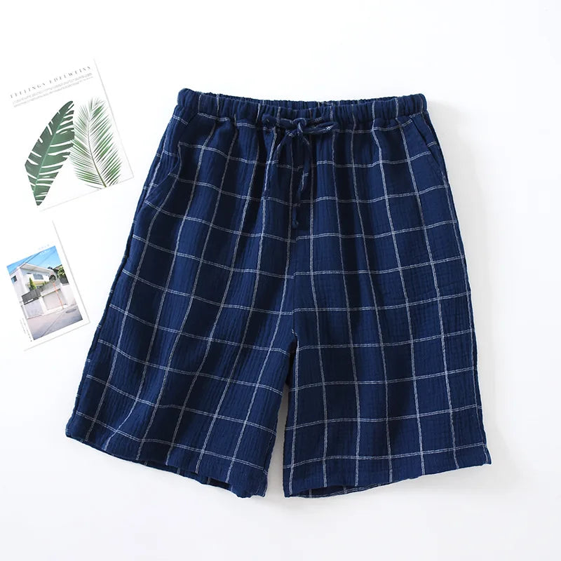 2025 New Summer Men's 100%Cotton Crepe Cloth Shorts Thin Breathable Large Size Simple Lattice Home Pants Pajama Pants Sleep Wear