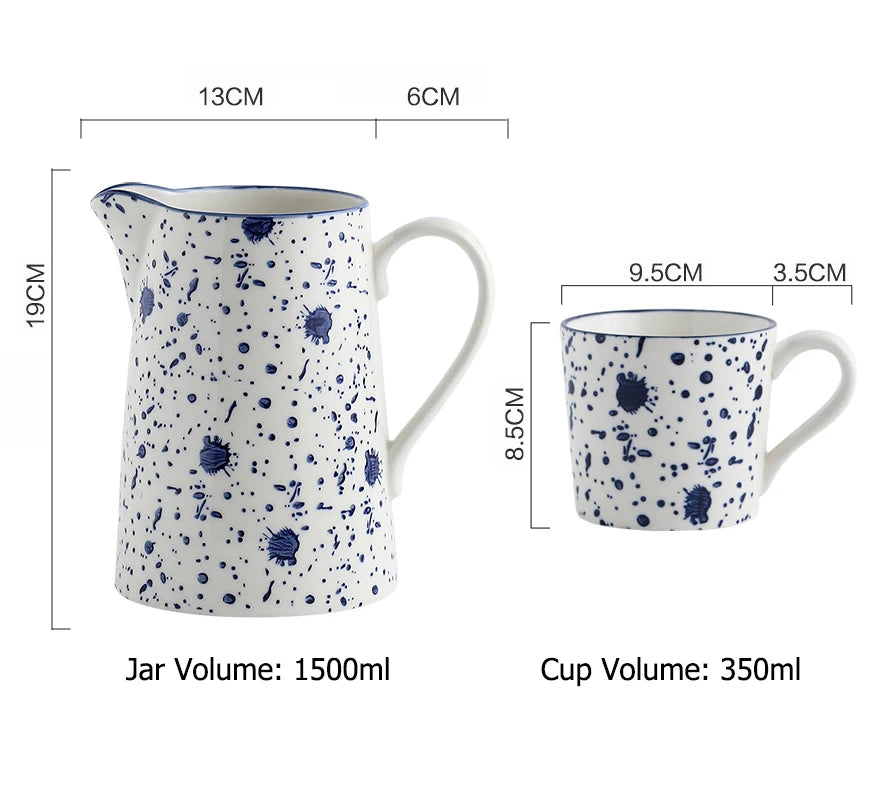 1.5L Blue Ceramic Water Jug Milk Tea Juice Bottle Household Kitchen Water Pot Kettle Mug Microwave Supply Water Jar