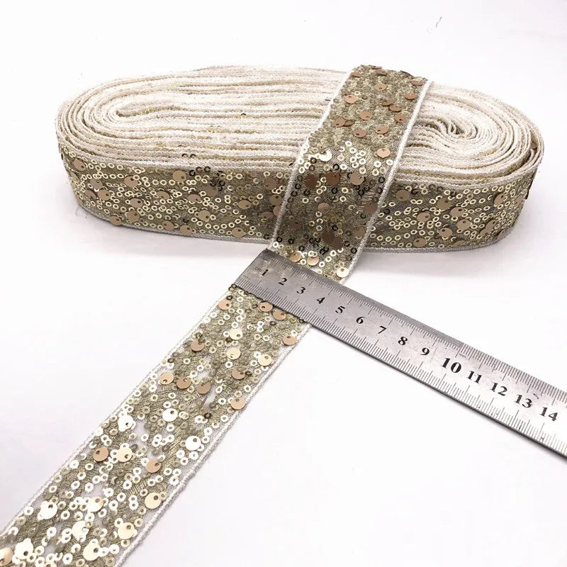 1 Yards Sequins Ribbon Embroidered Lace Fabric Cloth Dress Material DIY
