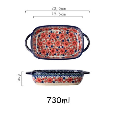 New Ceramic Bowls Polish Style Bakeware Baking Binaural Bowl With Handle  Tableware Salad Dessert Steak Pasta Plate