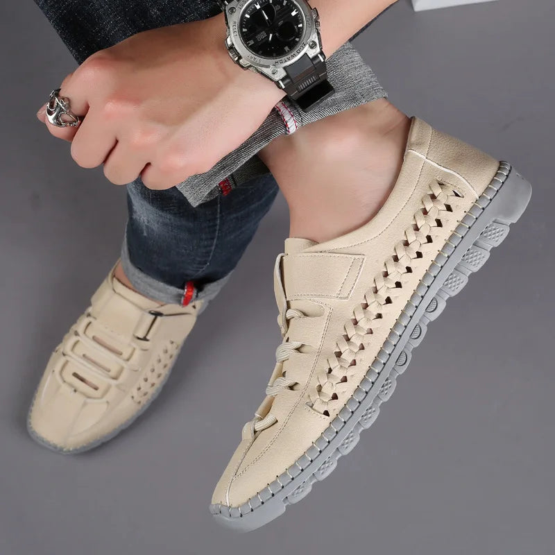 Men's Leather Sandals Hollow Platform Sandals 2021 Handmade Soft Sole Soft Top Male Shoes Non-slip Man Footwear Zapatos Hombre