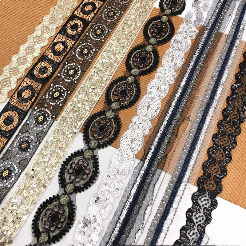 1 Yards Sequins Ribbon Embroidered Lace Fabric Cloth Dress Material DIY