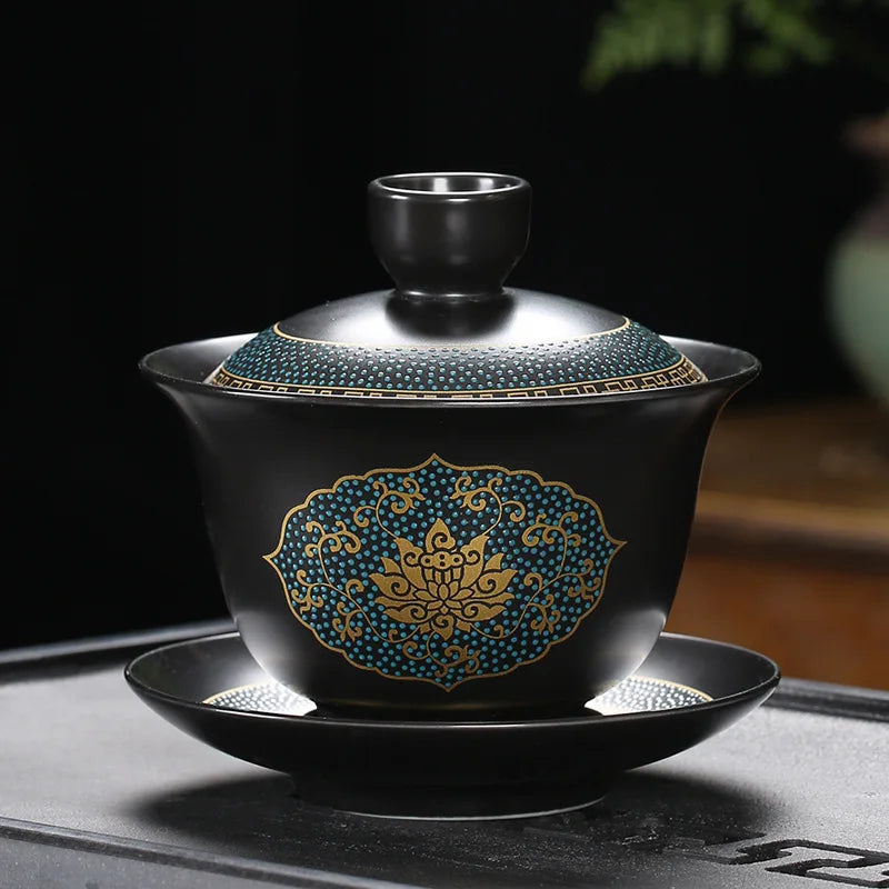 Chinese Teaset Classical Gaiwan Tea Cups Black Clay Tureen 180ml Lid Bowl Saucer Traditional Handmade Tea Brew Tea Cup