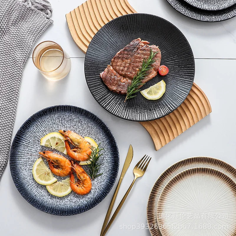 Japanese ceramic striped plate creative steak plate spaghetti plate retro sushi plate restaurant commercial plate