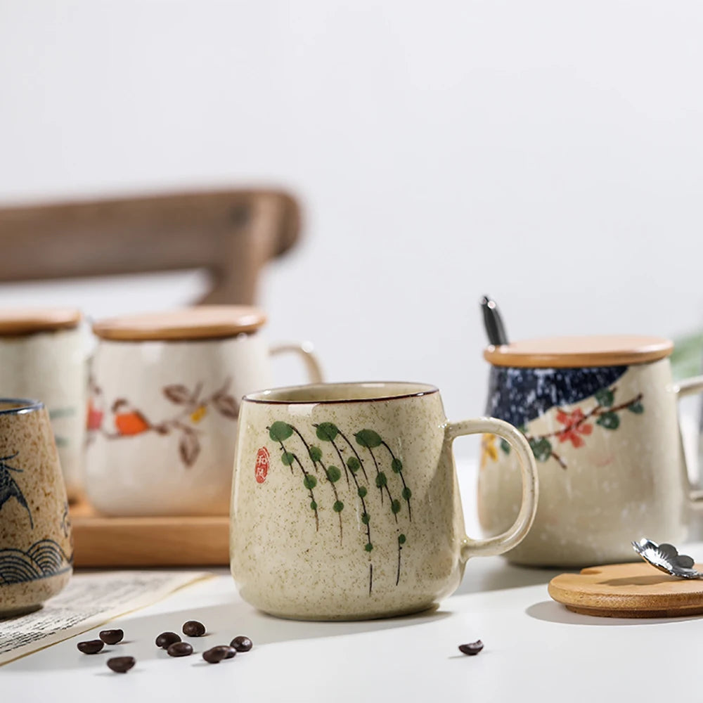 Kiln Change Clay Coffee Mug with Lid and Spoon, Unique Retro Style Ceramic Cups, Creative Gift for Friends, 380ml